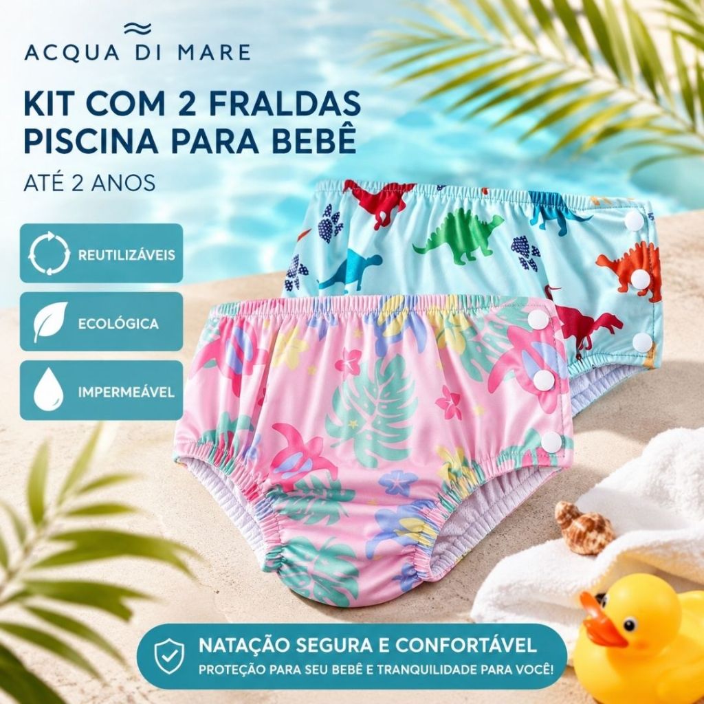 Acqua di Mare Kit c/2 Fralda Piscina Bebê Natação Reutilizável Impermeável Ecológica até 2 anos