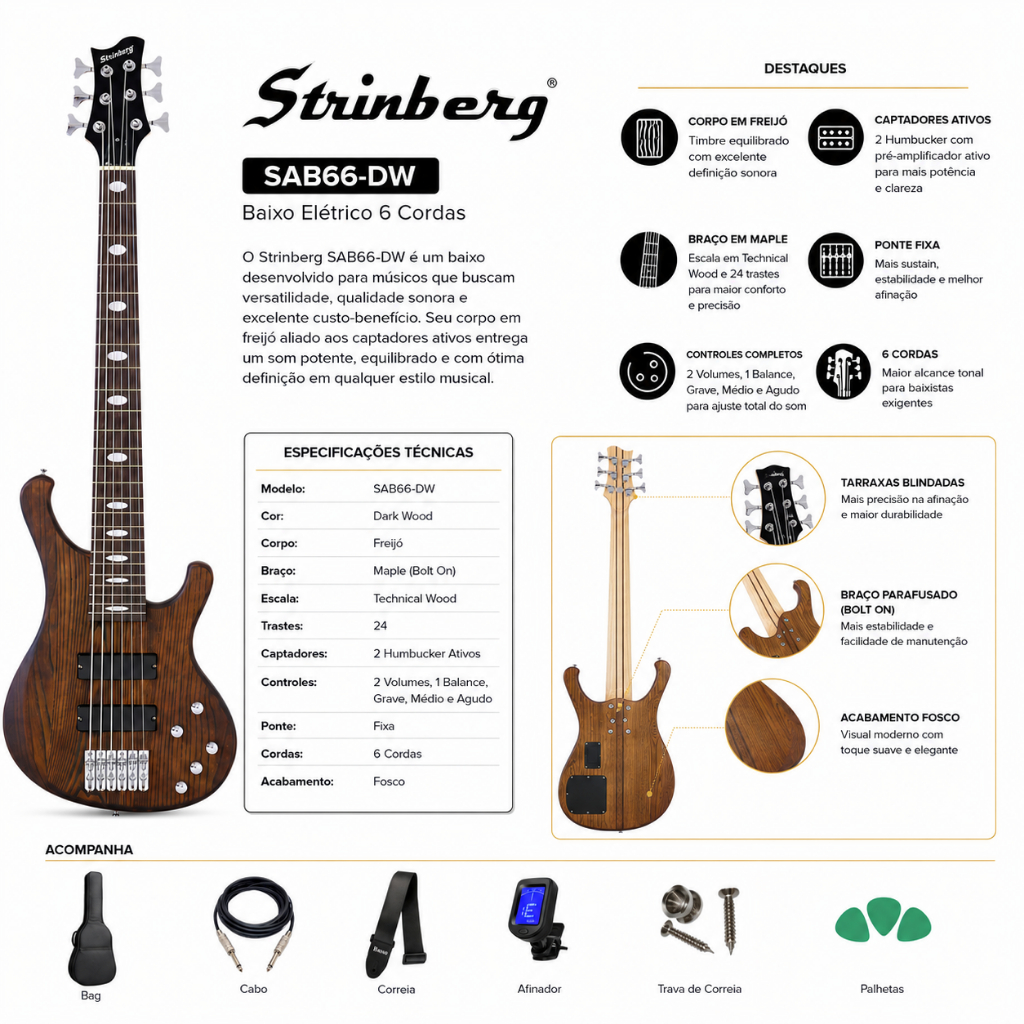Contra Baixo Strinberg Sab66 Dw 6 Cordas + Cubo Bx30 E Kit — imagem 2 de 2