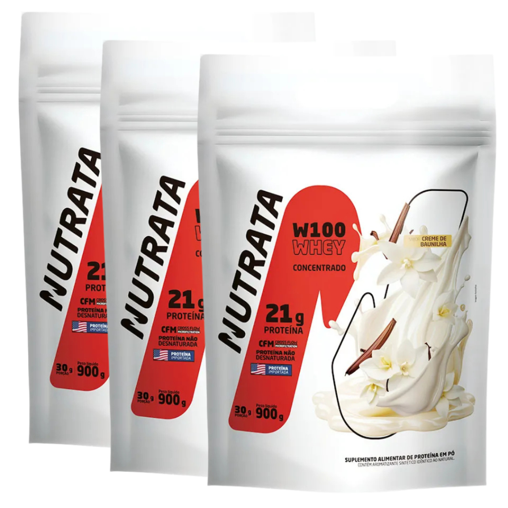 KIT COM 3 100% WHEY PROTEIN CONCENTRADO 900G REFIL (20g a 21g protein) - NUTRATA