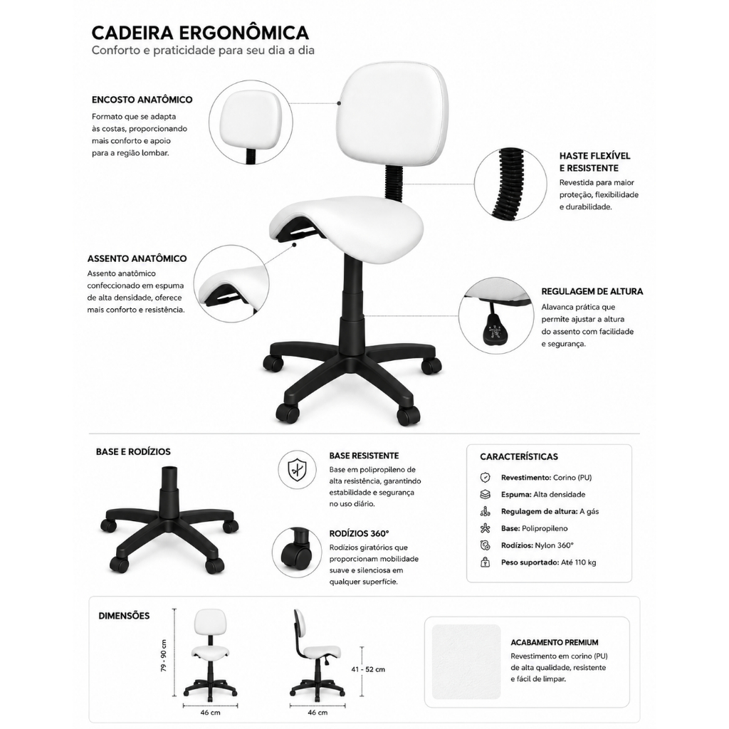 Cadeira Mocho Sela Nice Secretária Branco Para Dentistas/Clínicas de estética/Estúdios