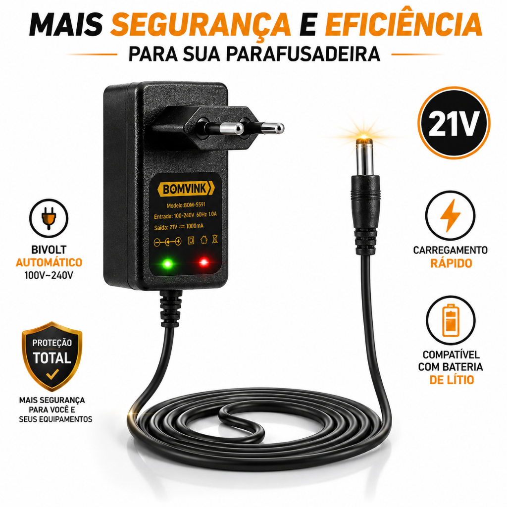 Carregador Parafusadeira 21V Bivolt Bateria Lítio Fonte