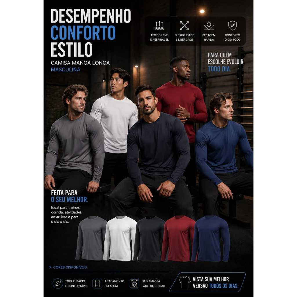 Kit 5 Camiseta Dry Fit Manga Longa Lisa Masculina Moda Esportiva para Academia Exercícios Físicos