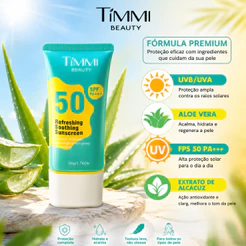 Protetor Solar FPS 50 TIMMI BEAUTY Toque Leve Não Oleoso com Aloe Vera e Ação Antimanchas