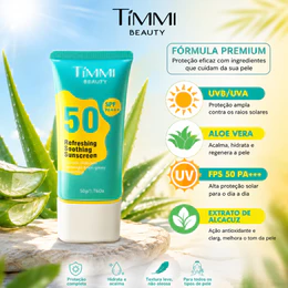 Protetor Solar FPS 50 TIMMI BEAUTY Toque Leve Não Oleoso com Aloe Vera e Ação Antimanchas