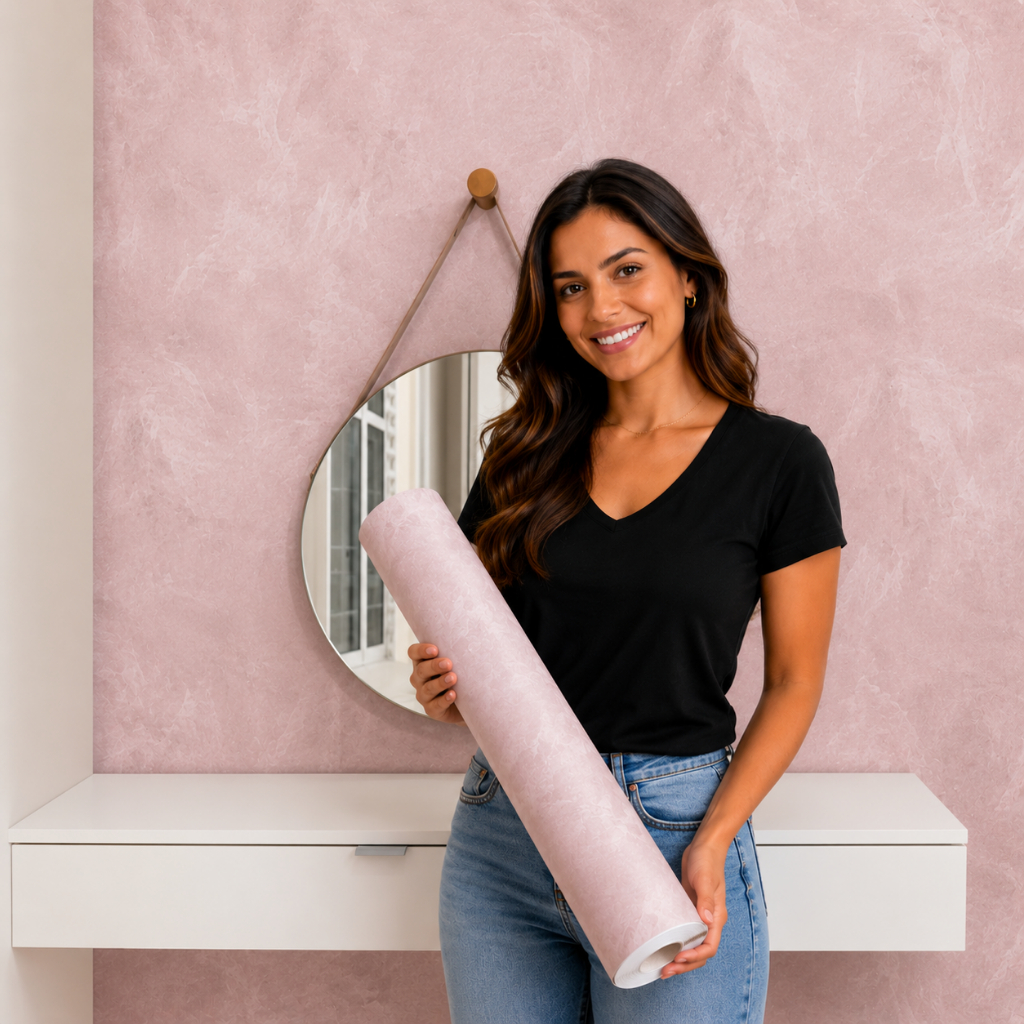 Papel de Parede Lavável Vinil Autocolante Cimento Queimado Rosê para Sala
