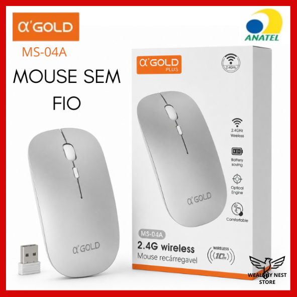 Mouse Sem Fio Recarregável 2.4GHz 1600 DPI com Nano Receptor USB Interno – Compatível Com iOS, Android e Windows