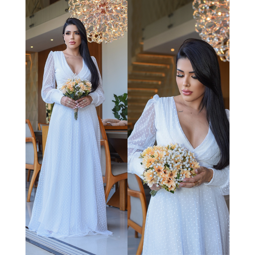 Vestido de Noiva Daniella Civil em Tule Poá Casamento elegante moda feminina