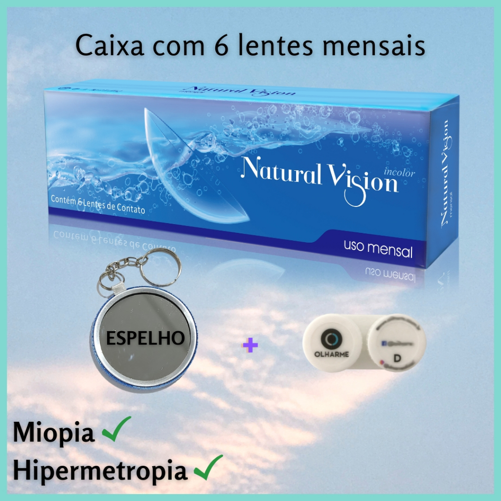 Lente de Contato Incolor Mensal Natural Vision Com Grau Miopia Hipermetropia 6un + Estojo + Espelho