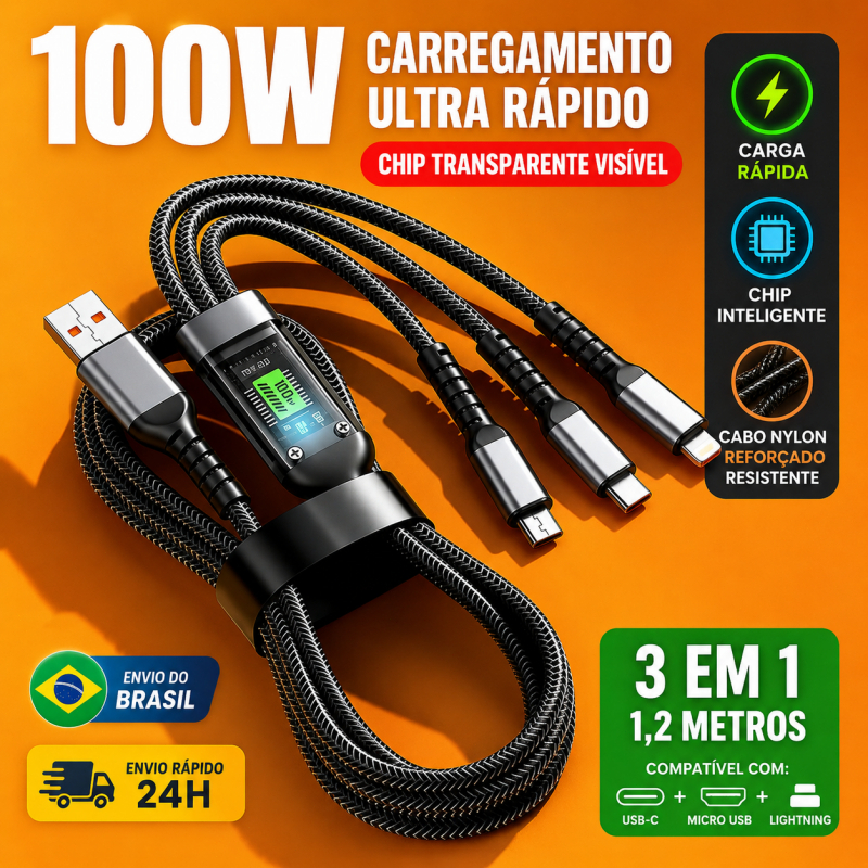 ⚡ Cabo Carregador 3 em 1 1.2M | Compatível iPhone Android Type-C -A1