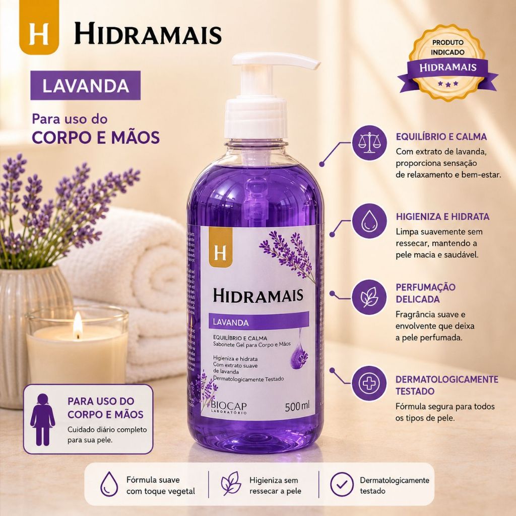 Detalhes do Sabonete Líquido Hidramais 500ml Corporal Hidratante Perfumado Pele Macia Limpeza Profunda Suave