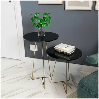 Kit 2 Mesas Laterais Redondas Pés Tripé Ferro Dourado Mesa de Apoio Sala Quarto Hall de Entrada