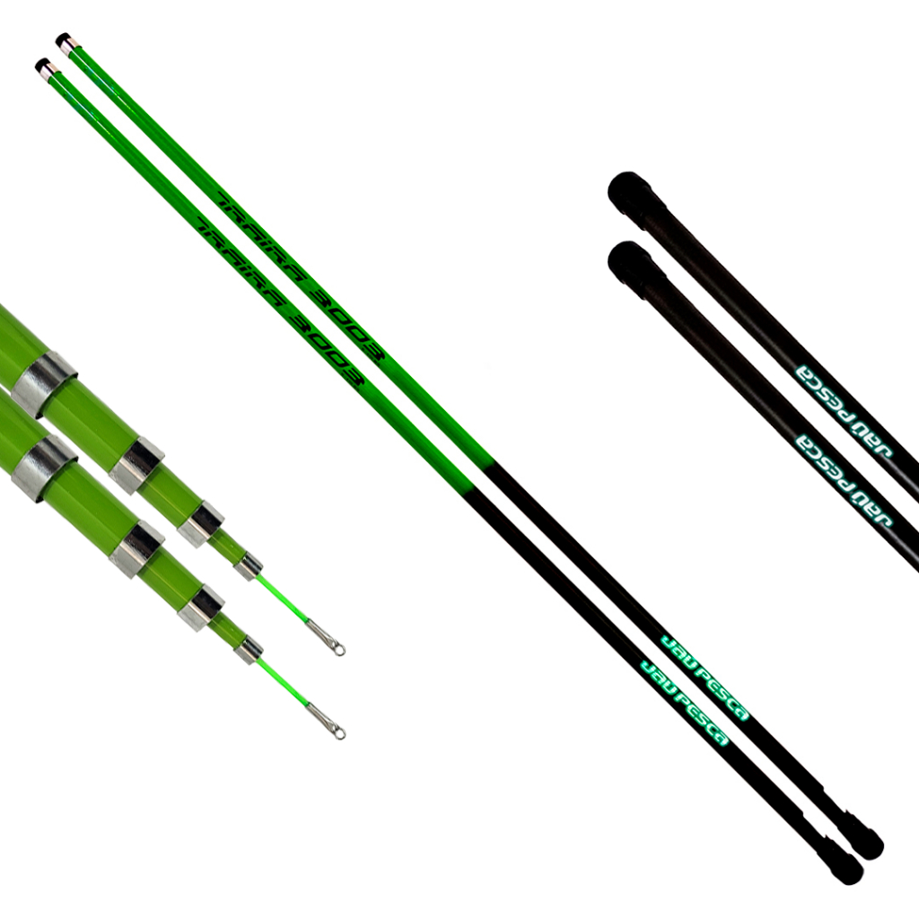 Kit 02 Vara Telescópica Gomo Longo JP Traira 3,00m Verde Jaú Pesca