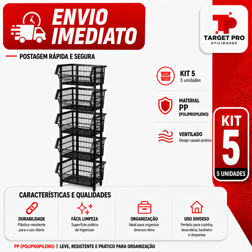 Kit 05 unidades CESTO EXPOSITOR ORGANIZADOR EMPILHÁVEL (Tamanho: Médio) Nº02 -Preto