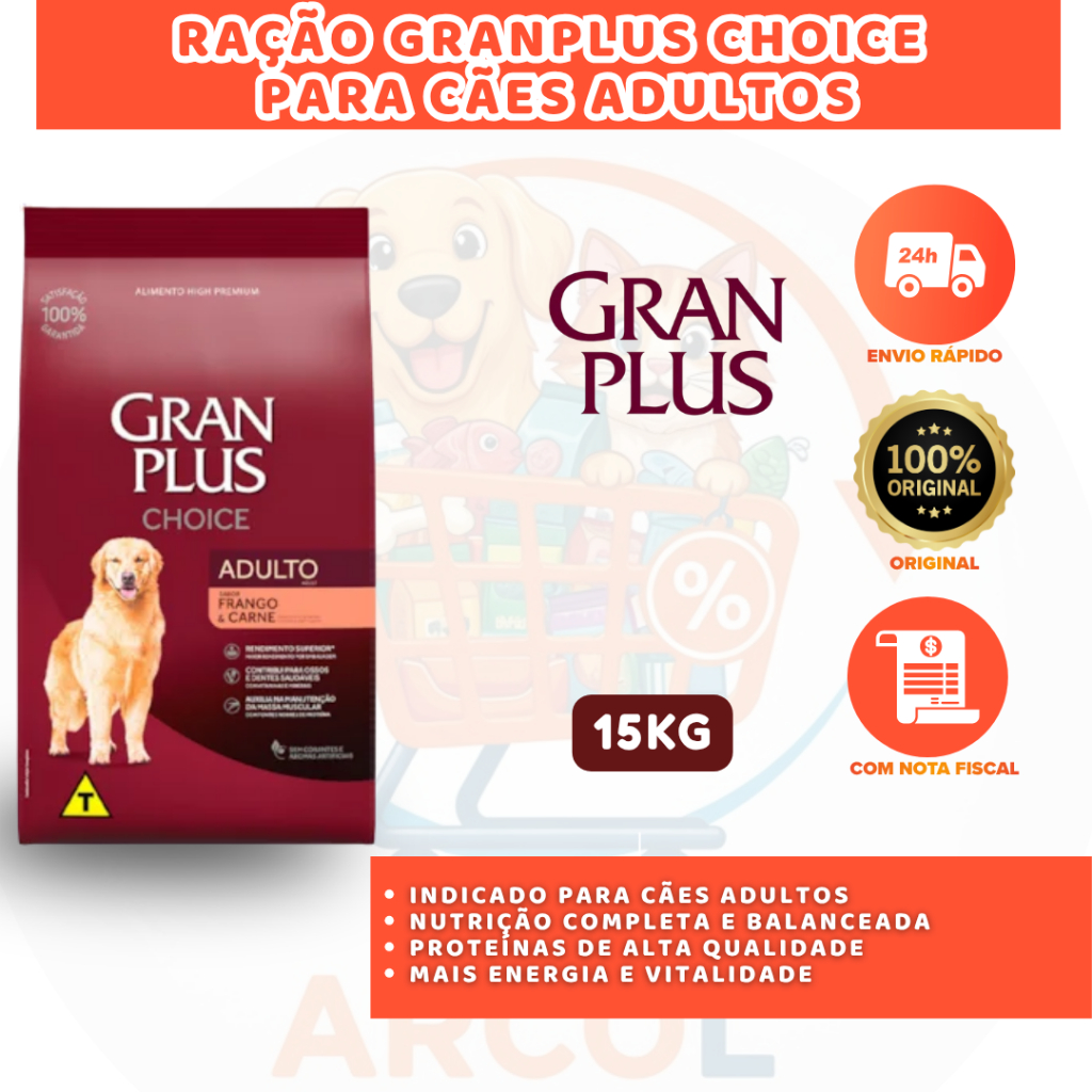 GRANPLUS CHOICE RAÇÃO CÃES ADULTOS 15KG RICA EM PROTEÍNAS E VITAMINAS