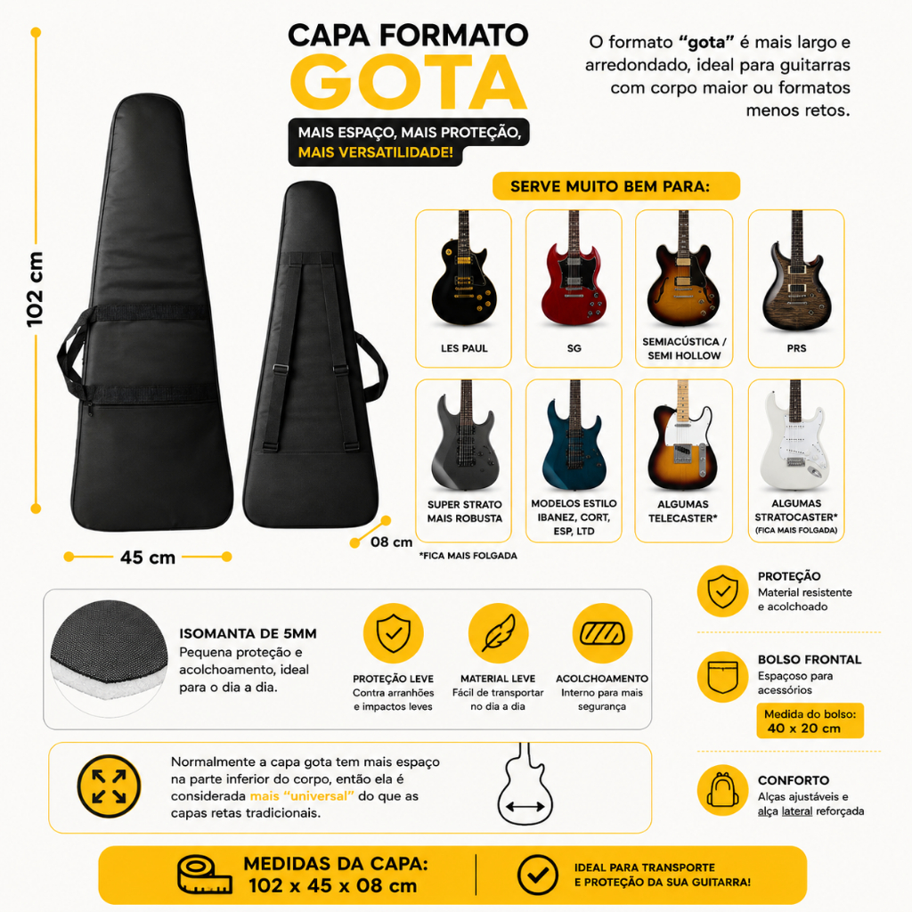 Detalhes do Kit Capa Bag Guitarra Luxo + Suporte Para Guitarra + Palheta