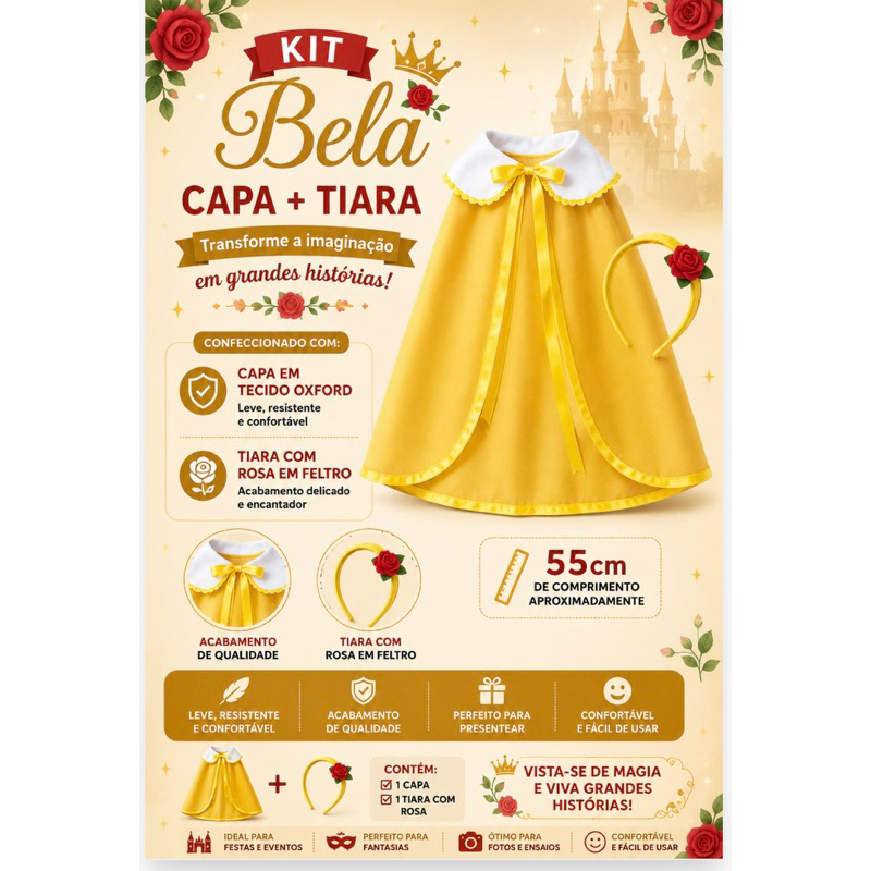 kit Bela capa e tiara / infantil / Bela e Fera