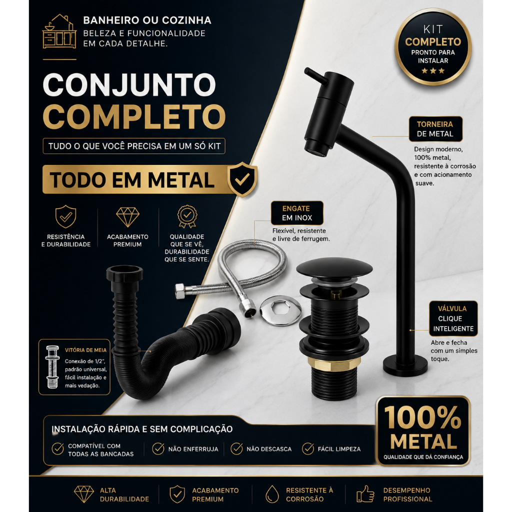 Torneira Preta Para Cuba De Apoio, Banheiro, Valvula Clic Inox, Engate Inox 40 Cm, Sifao Universal