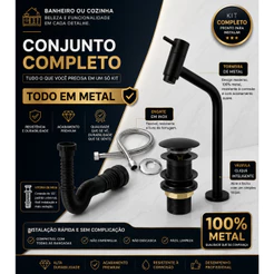 Torneira Preta Para Cuba De Apoio, Banheiro, Valvula Clic Inox, Engate Inox 40 Cm, Sifao Universal