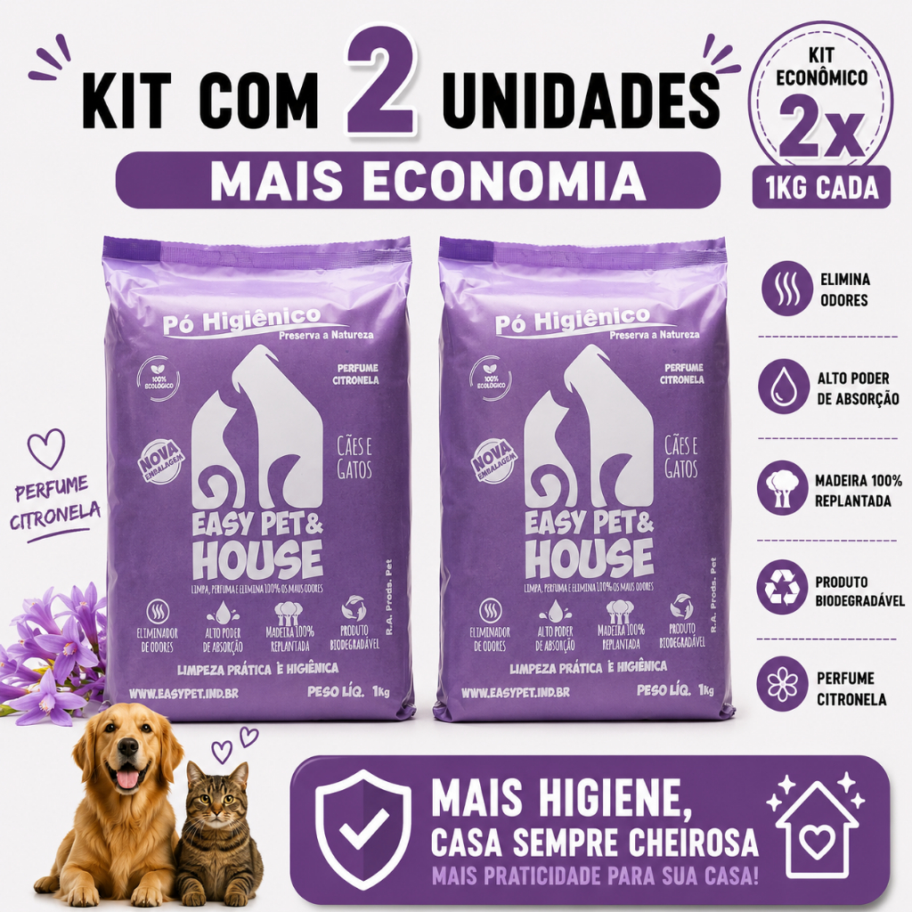 Pó Higiênico Pet Citronela 2 Unidades Cachorro e Gato Seca Xixi Elimina Odores Easy Pet e House