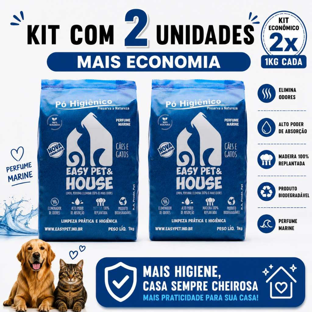 Pó Higiênico Pet Marine 2 Unidades Gatos e Cães Elimina Odores Seca Xixi Easy Pet e House