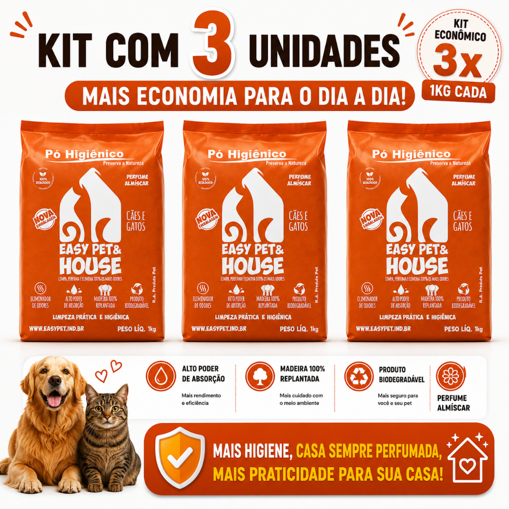 Pó Higiênico Pet Almíscar 3 Unidades Elimina Odores Seca Xixi Cães e Gatos Easy Pet e House