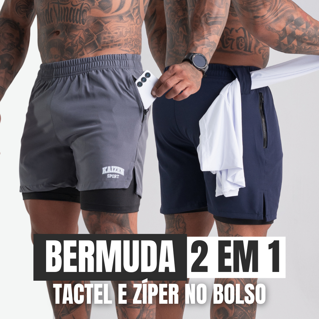 bermuda 2 em 1 tactel com elastano com ziper bolso interno para celular para academia e corrida