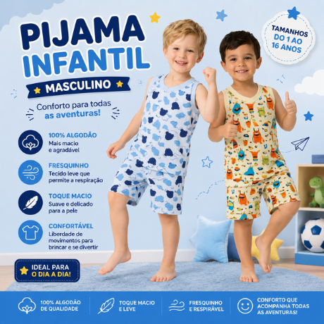 Pijama Regata Masculino Menino 100% Algodão Verão Confortável Estampado 1 ao 14 anos