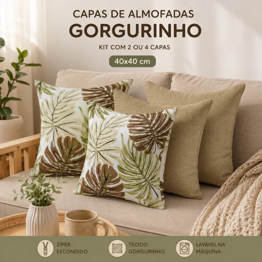 Kit Capa de Almofada Gorgurinho 4 Peças 45x45cm Estampadas Modernas Floral Com Zíper