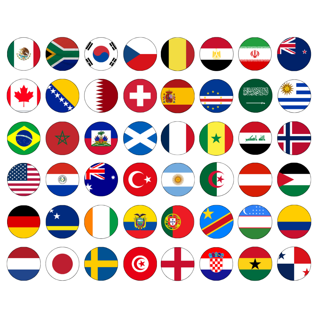 Cartela com 48 Ímãs Magnéticos e Redondos Temático Copa do Mundo – Seleções e Países para Decoração