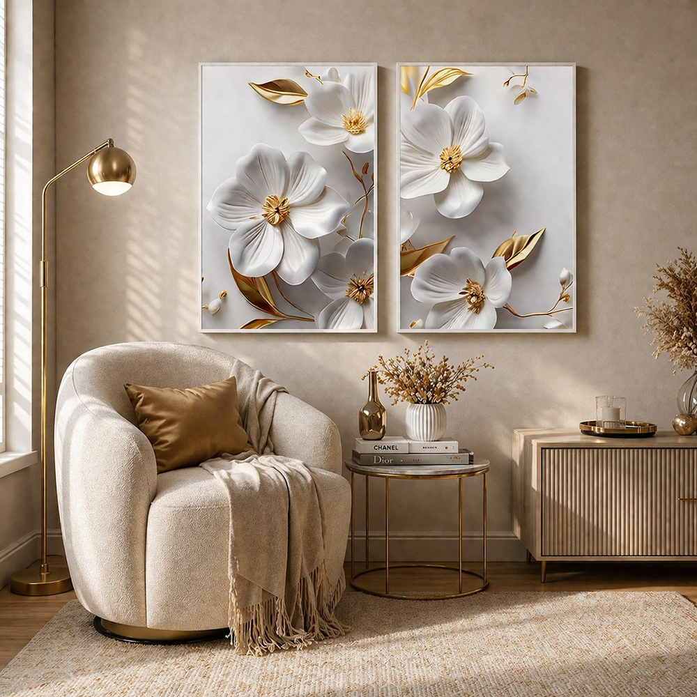 Quadro Decorativo Harmonia Flores Brancas 2 Telas 50x75cm Com Vidro e Moldura Branca Sala Quarto