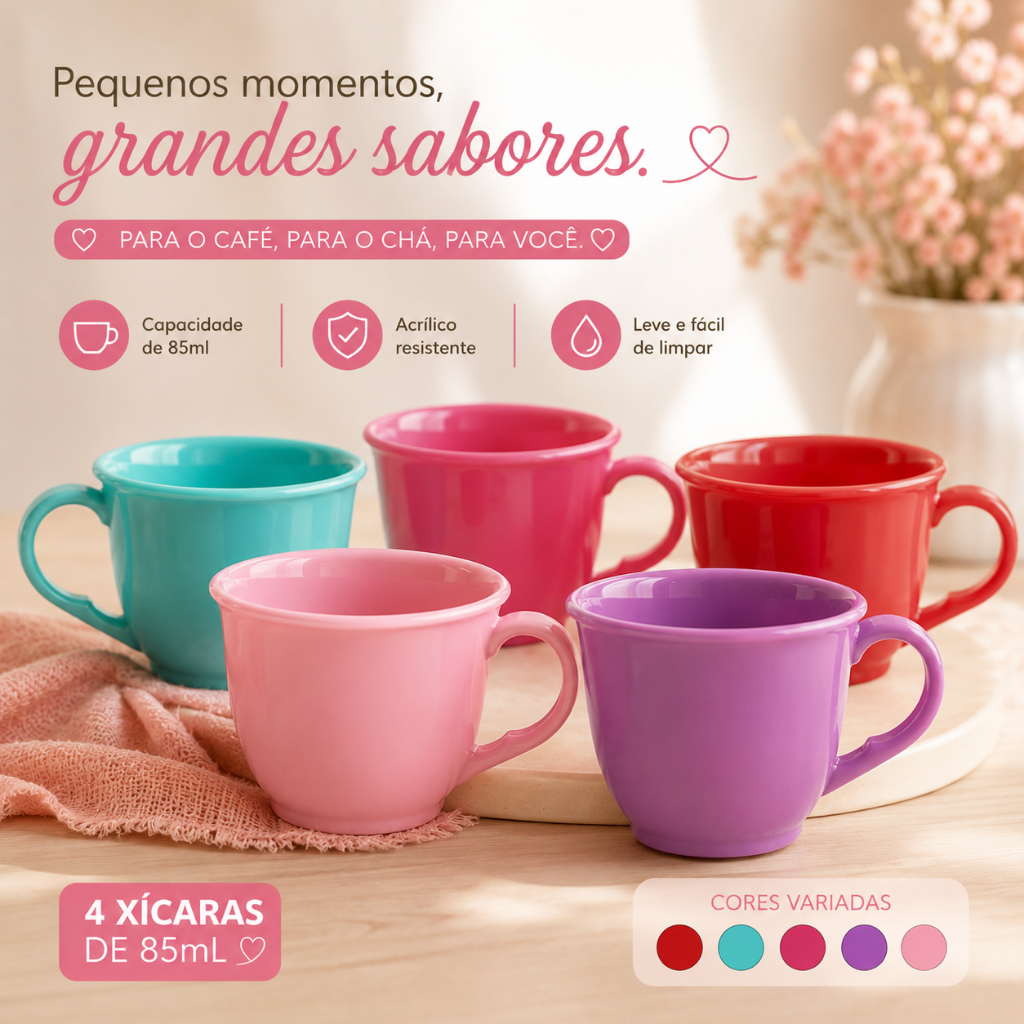 Kit 4 Xícaras Acrílico 85ml Café Chá Presente Decoração Pedreira Utilidades