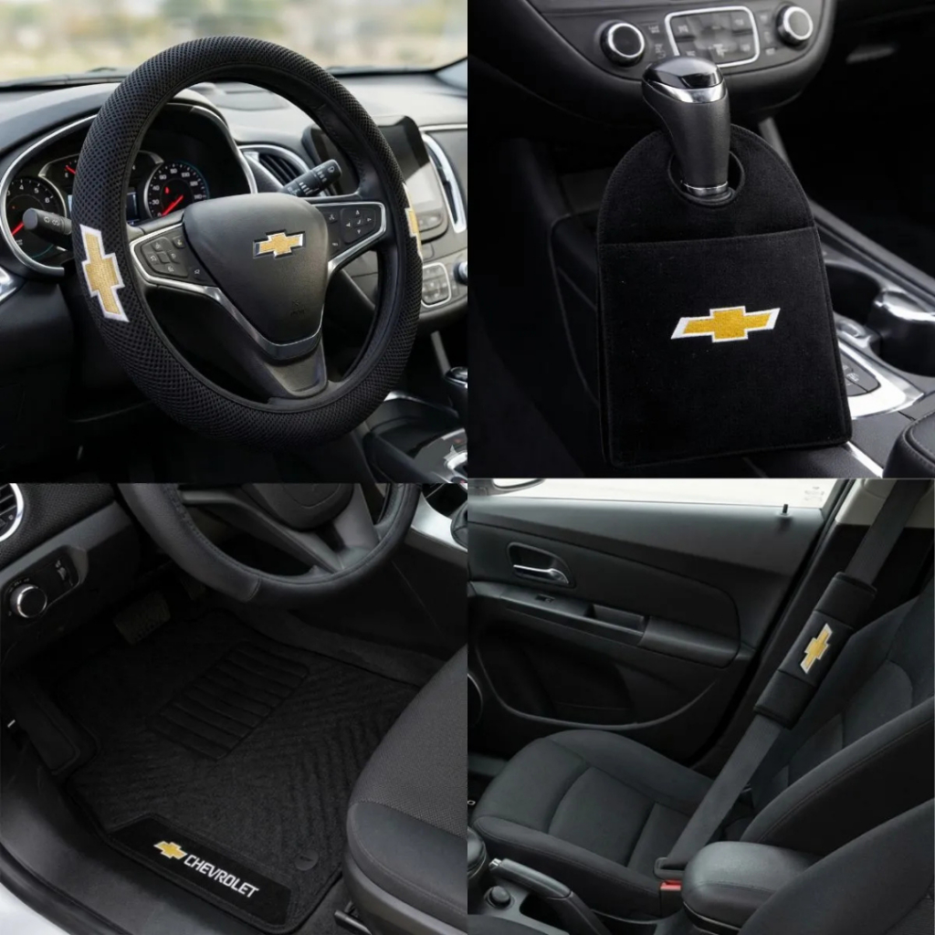 Kit Automotivo Capa de Volante + Tapete Carpete + Protetor de Cinto + Lixeira com Bordado Marcas