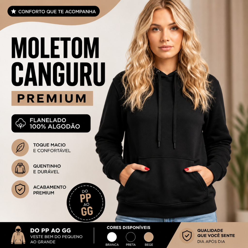 Moletom Feminino Preto Blusa de Frio Moletom Canguru Com Capuz Liso Casaco Blusa Flanelada Inverno Premium