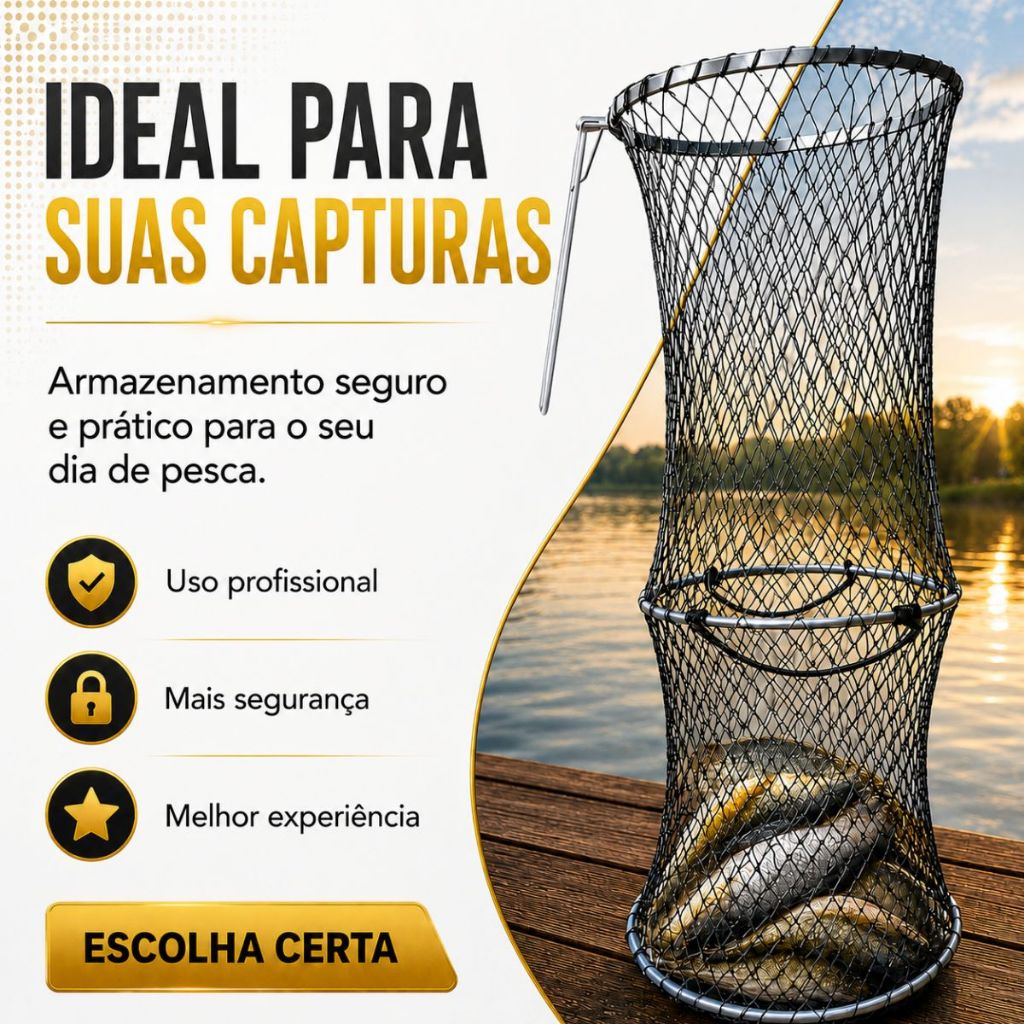 Samburá Pesca 1,20m 3 Aros com Par Alças Reforçado Viveiro Porta Peixe Com Estaca Reforçada Fixação Solo Nylon Forte Top