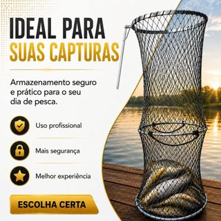 Samburá Pesca 1,20m 3 Aros com Par Alças Reforçado Viveiro Porta Peixe Com Estaca Reforçada Fixação Solo Nylon Forte Top