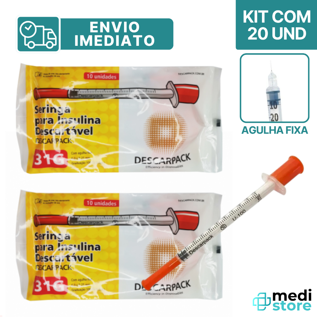 Kit com 20 - Seringa de Insulina Botox 1mL com Agulha Fixa Ultrafina 6 X 25mm 31g Descarpack
