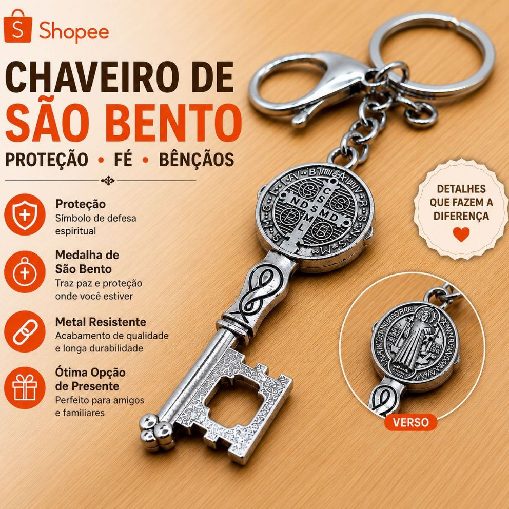 Chaveiro Chave São Bento Medalha Aço Inóx p/ Carro/Casa