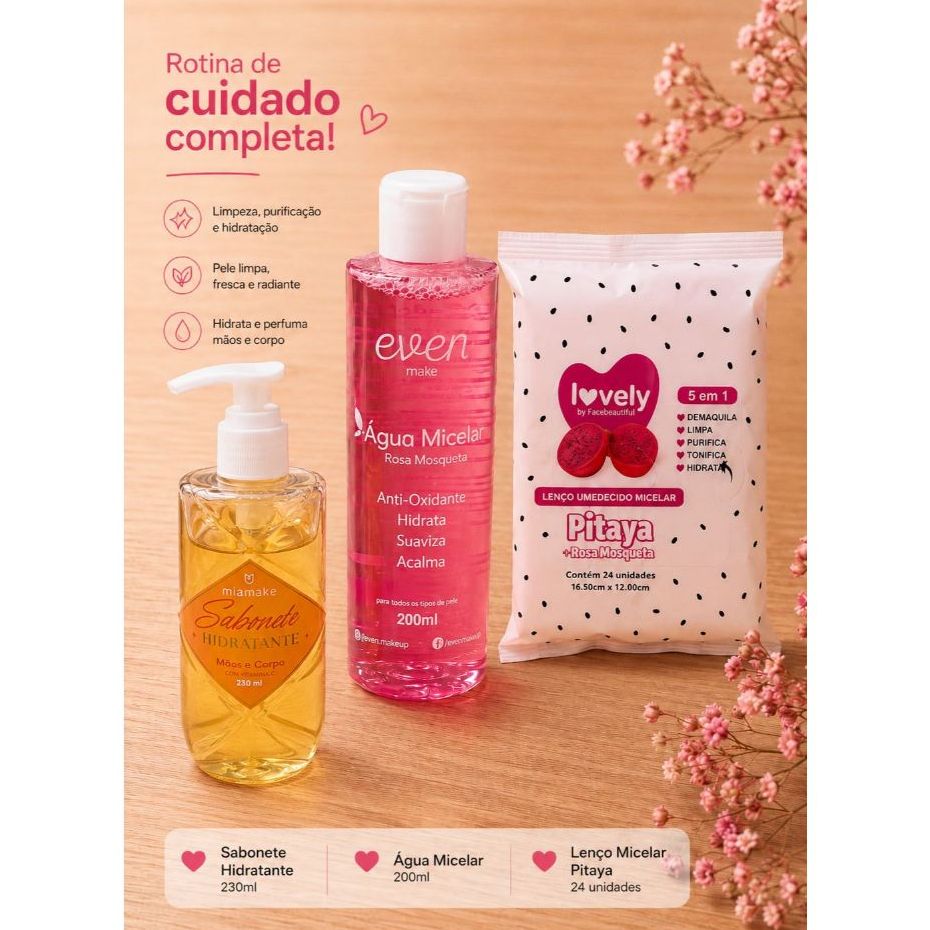 Kit 3 Produtos Água Micelar Lenço Demaquilante Sabonete Líquido