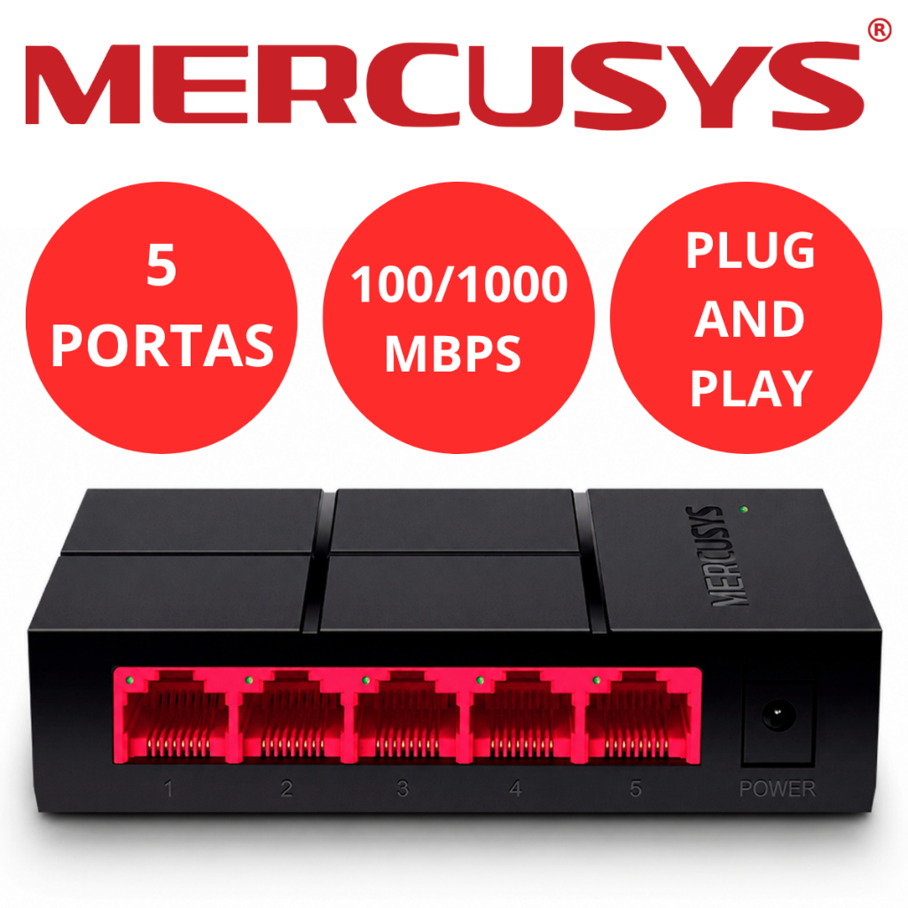 Switch Gigabit 10/100/1000 Mbps 5 Portas Lan Ethernet RJ45 Mercusys Certificado Anatel Plug And Play