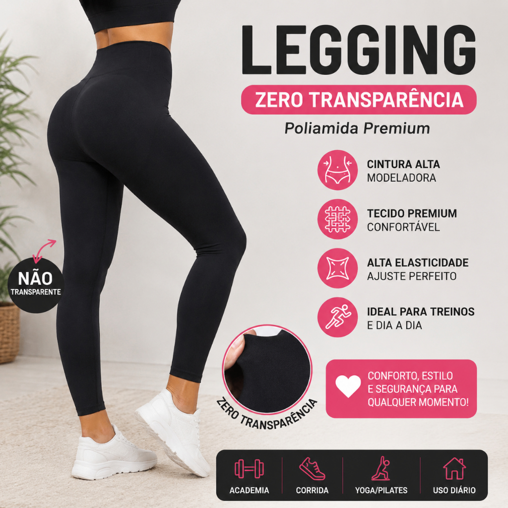 Legging Feminina Poliamida Zero Transparência Cintura Alta Academia Fitness Confortável Modeladora