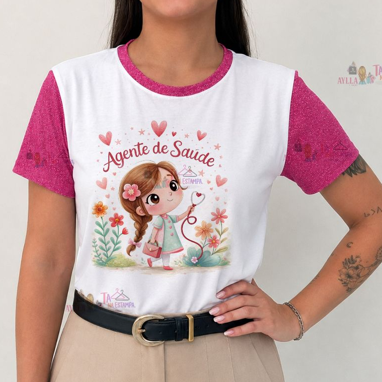 Tshirt  MANGA LUREX , AGENTE DE SAÚDE, Serviço Social, agente comunitario de saude, saude,FLORAL,PLUS SIZE