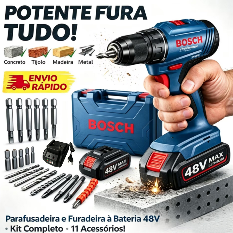 Furadeira/Chave De Fenda De Impacto Bosch 48V | Ferramentas Profissionais , Vem Com Duas Baterias Recarregáveis/Caixas