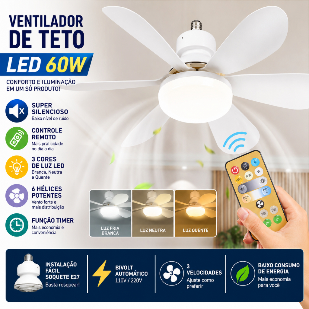 Ventilador de Teto LED 60W 6 Hélices Bivolt Silencioso Controle Remoto 3 Velocidades