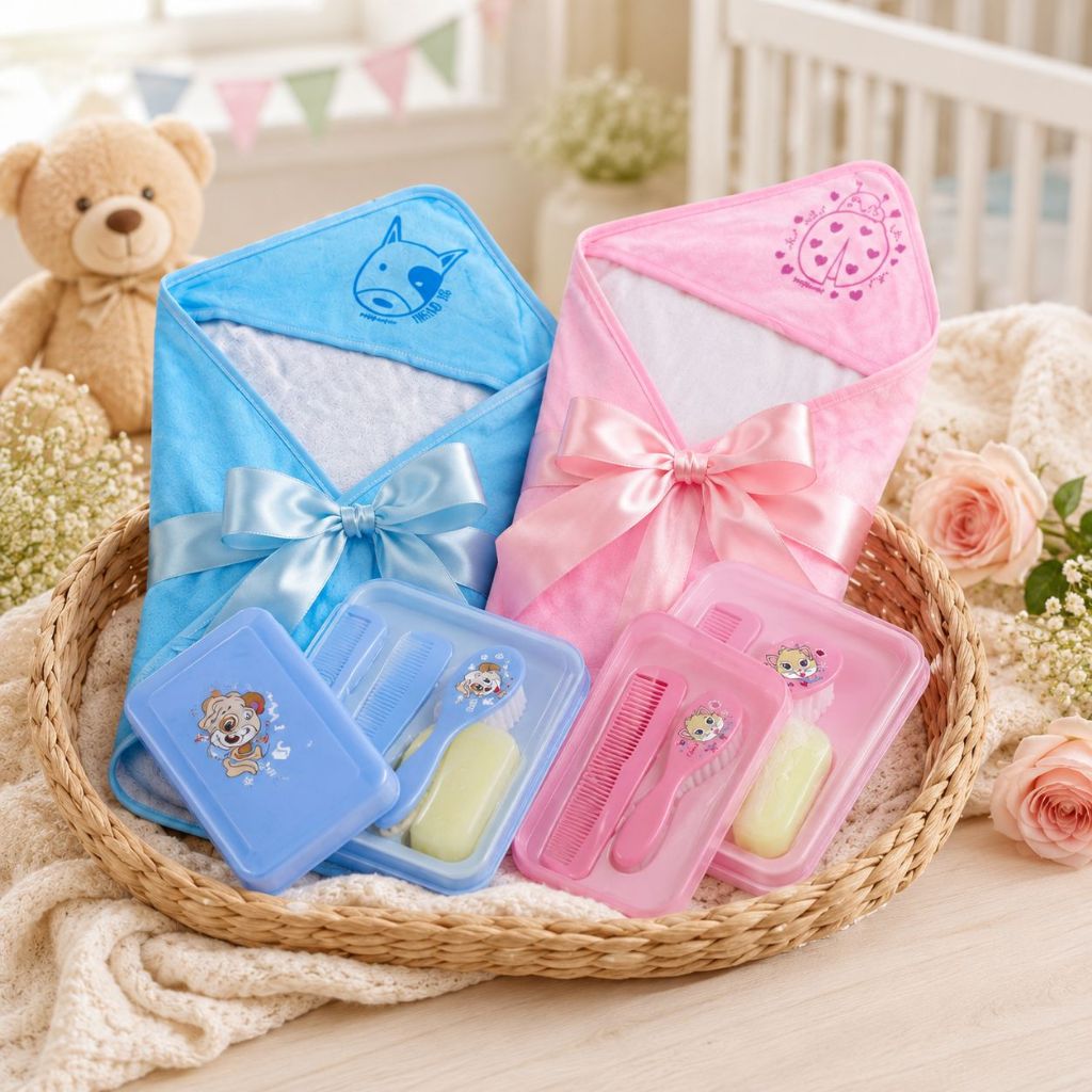 Conjunto Toalha Infantil + Porta Escova + Pente + Saboneteira