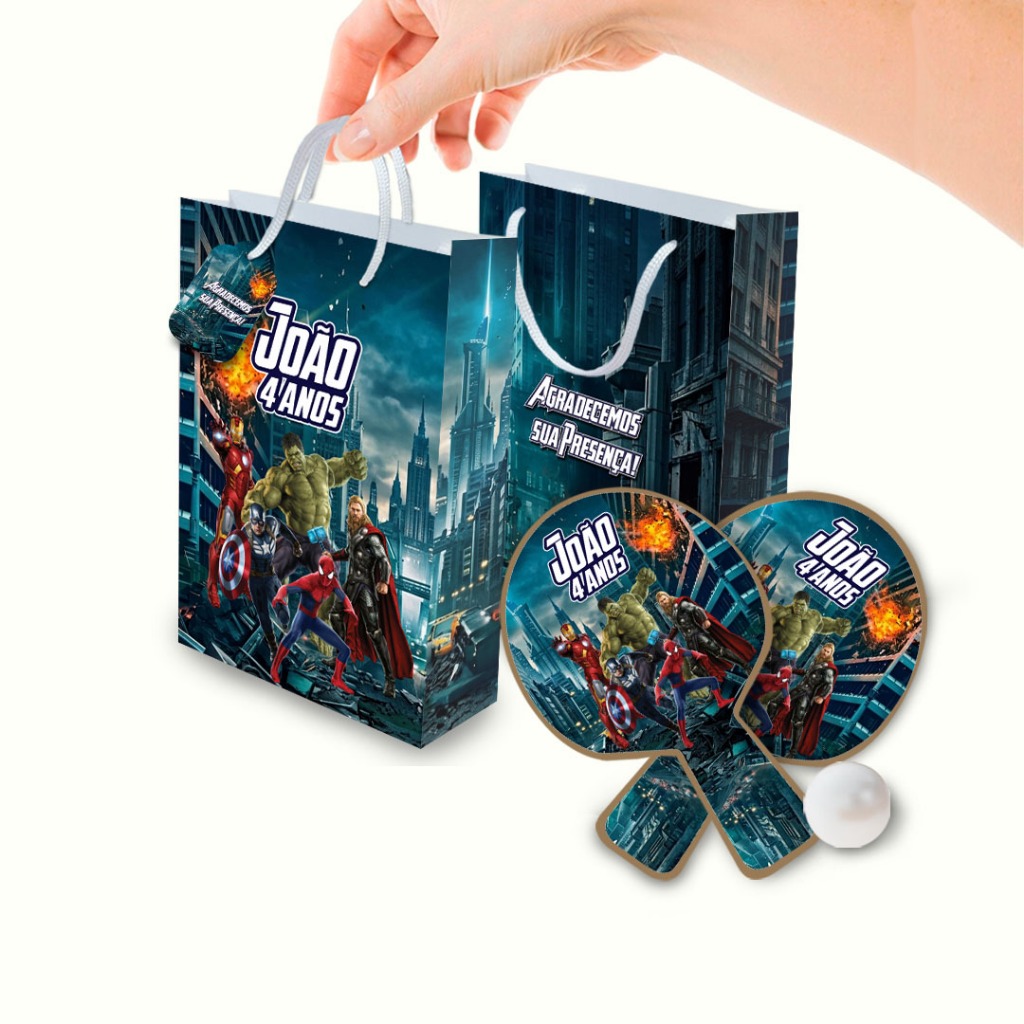 Sacolinha com Raquete Personalizada Vingadores Lembrancinha Festa Aniversário Infantil