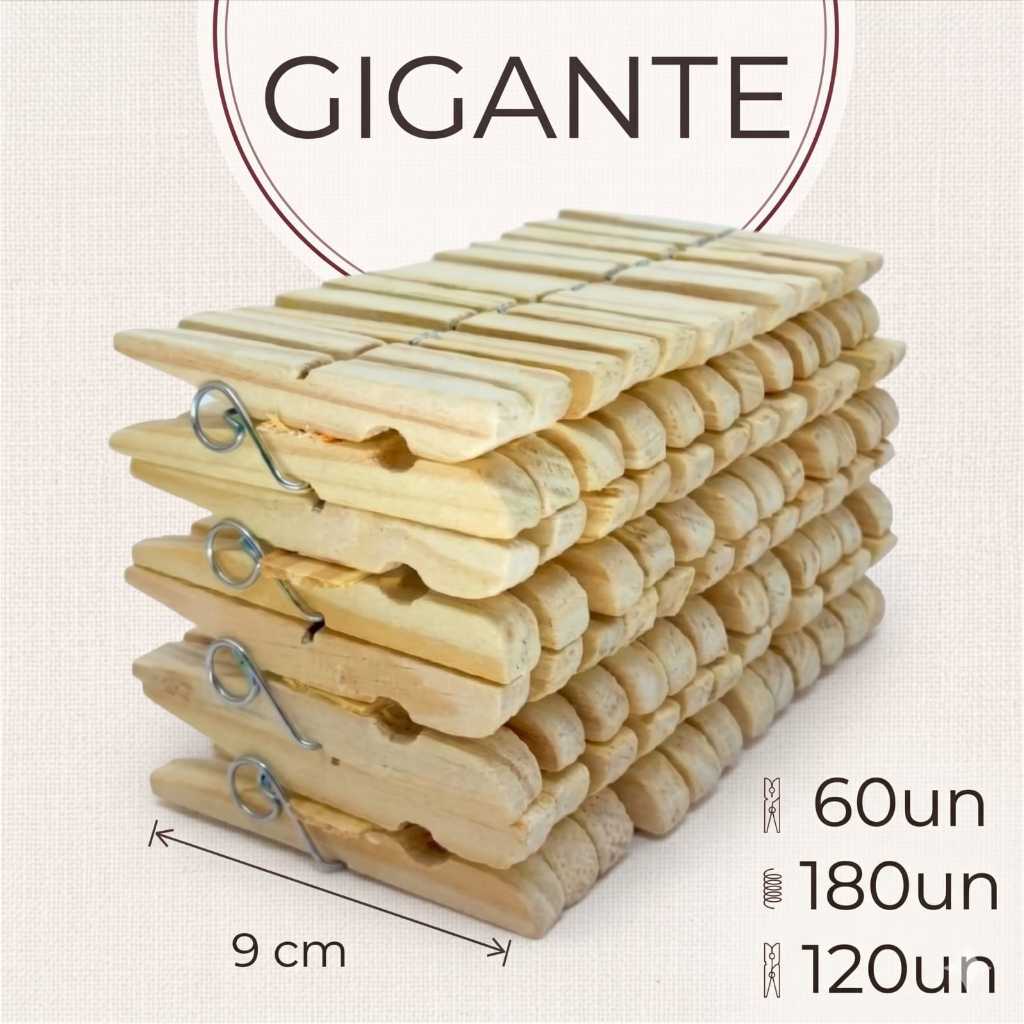 Kit 180 a 60 Unidades Prendedor de Roupas Gigante 9cm Madeira Reforçado Super Resistente promoção
