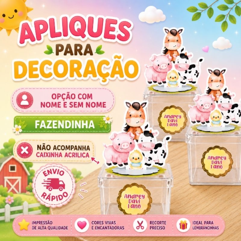 Apliques em pé 3D + nome e idade Fazendinha Lembrancinhas Festa infantil Aniversário Personalizados Mimo