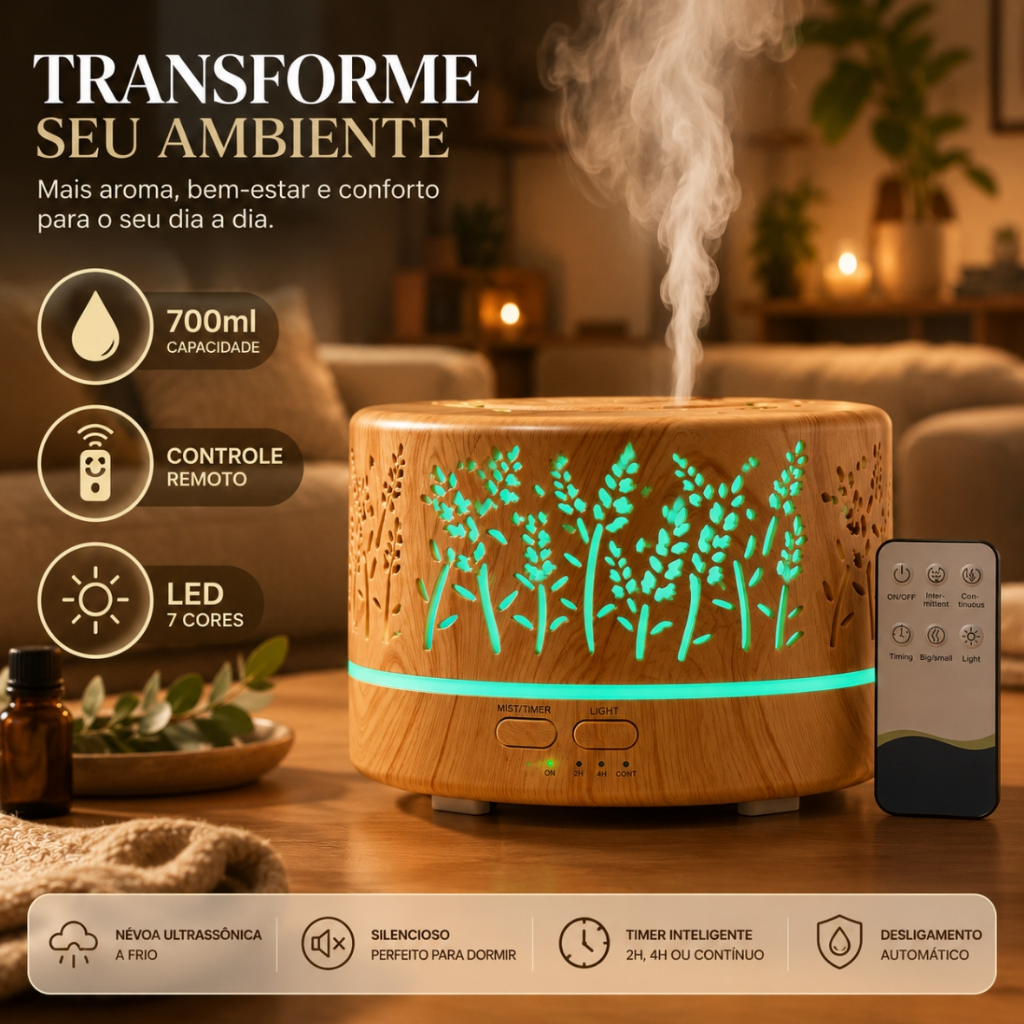 Difusor Aromatizador Ultrassônico 700ml LED 7 Cores Controle Remoto Umidificador Aromaterapia Casa Decoracao Luxo Spa