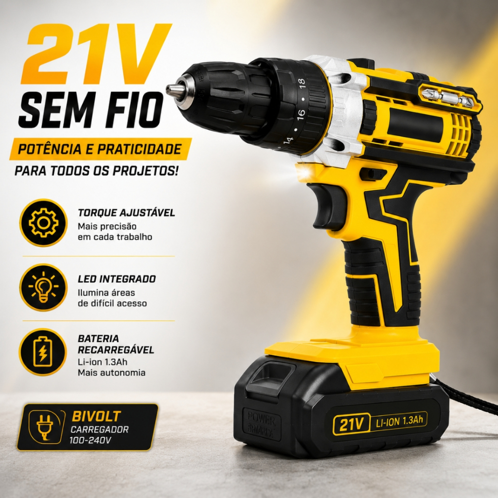 Parafusadeira Furadeira Sem Fio 21V Recarregável Com Led Torque Ajustável Bateria Carregador Bivolt