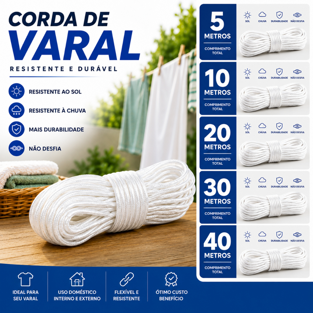 Corda Para Varal  5m/ 10m /20m / 30m /40 metros - Varal de Teto Quintal Ap 2mm